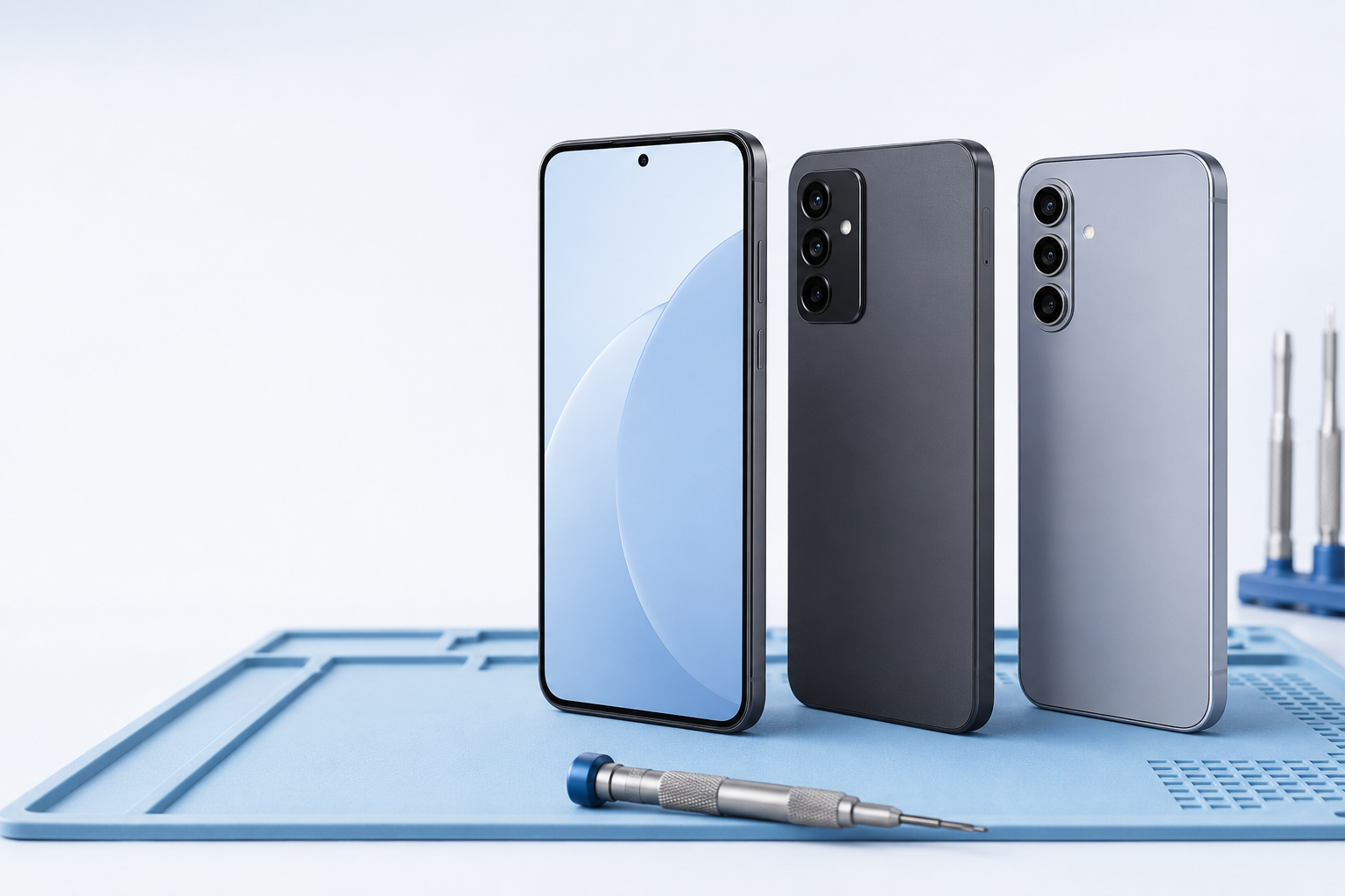 Profesyonel teknik servis alanında üç modern akıllı telefon